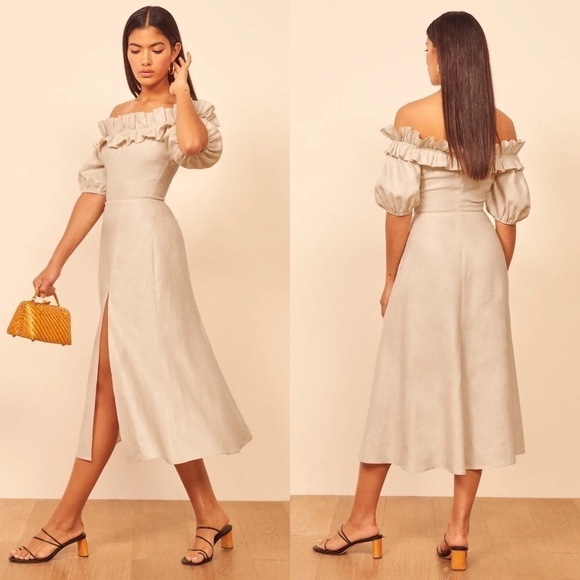 Reformation Dress Marley Off-Shoulder Linen Slit Midi Summer Cream 2 NWT - Picture 7 of 7